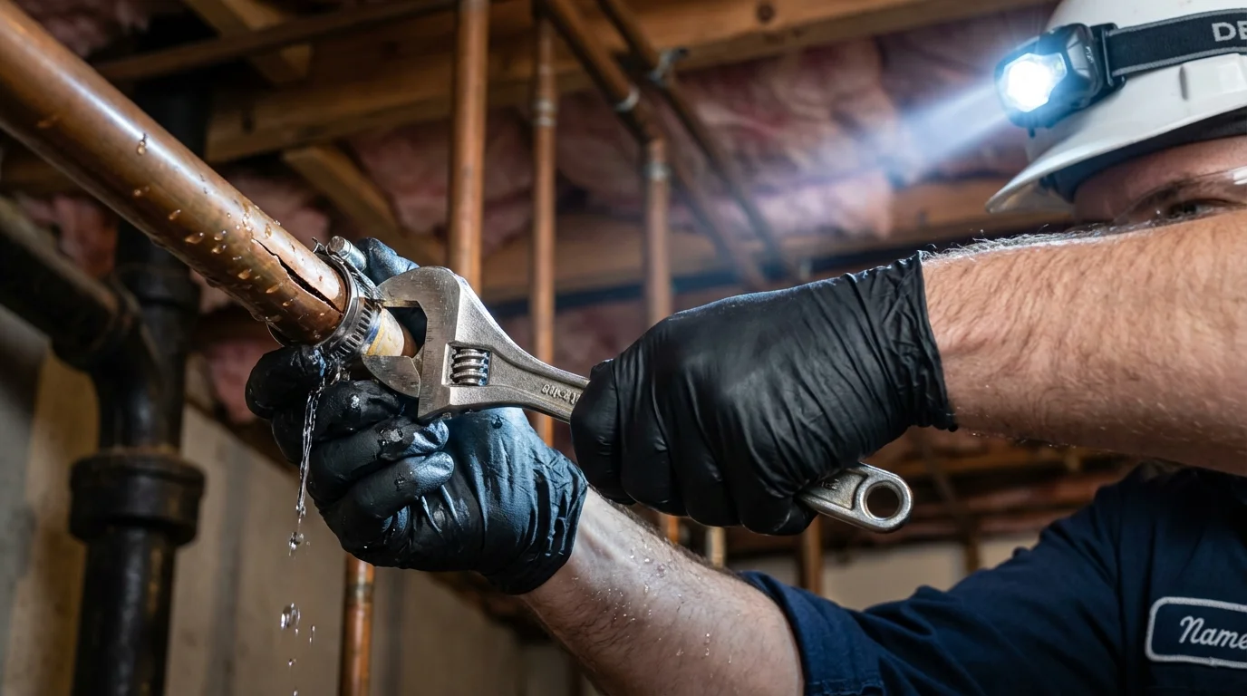 Emergency pipe clamp repair being performed by a Johns Plumbing LLC plumber in Locust Grove