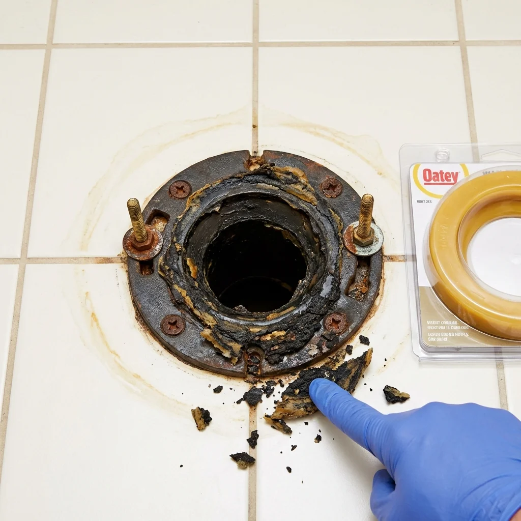 Failed wax ring showing water seepage at the base of a toilet in a Locust Grove, OK home