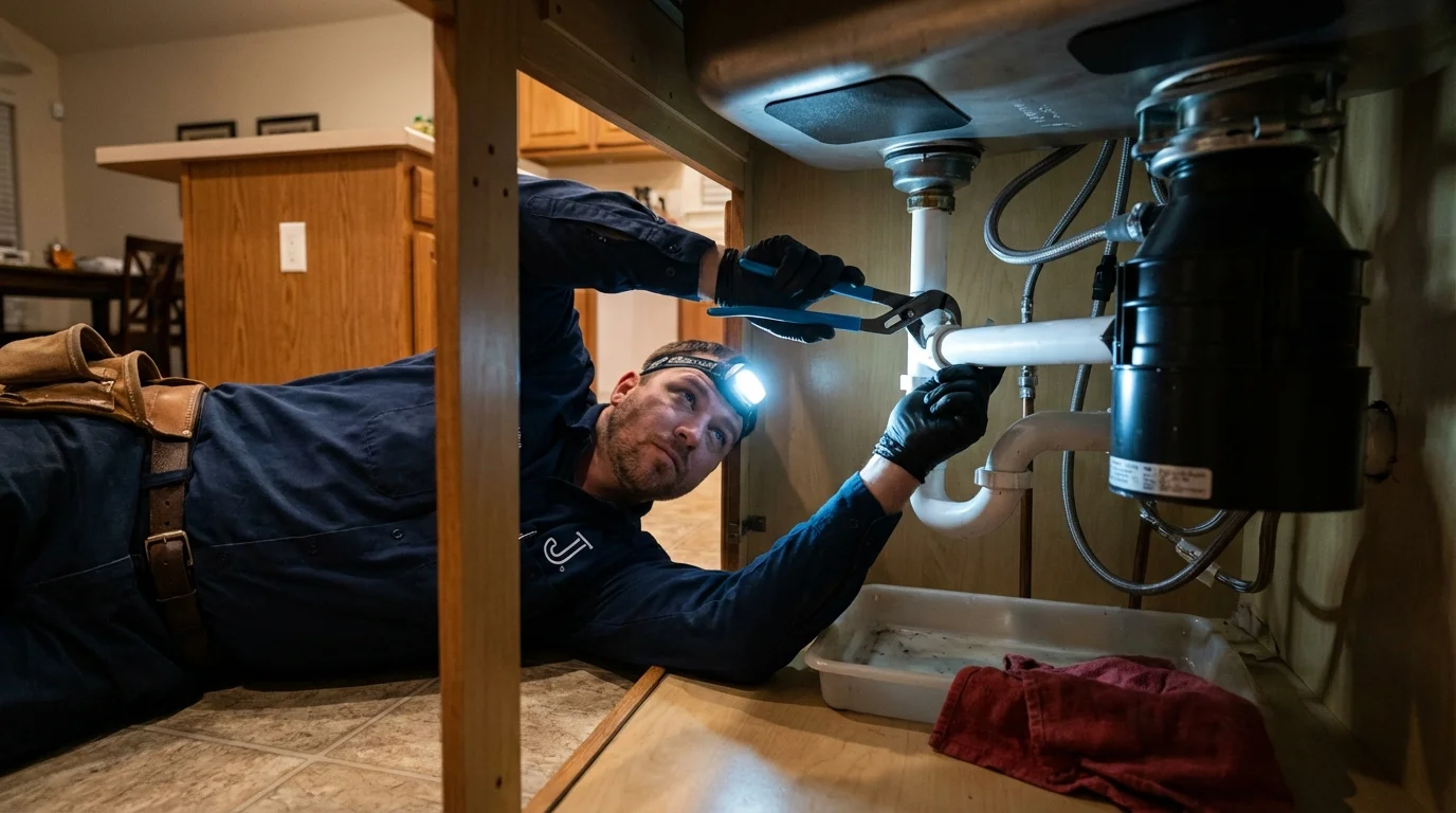 P-trap and supply line connections under a kitchen sink showing a common leak point in Locust Grove, OK